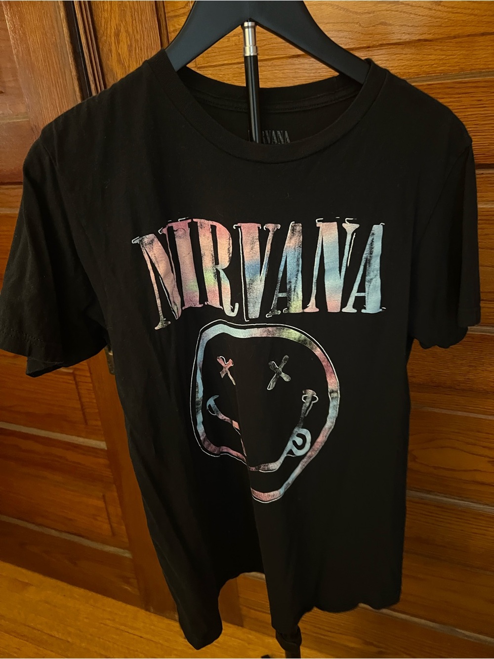 NIRVANA Women’s M Black Tee with Pastel Rainbow Smile Logo